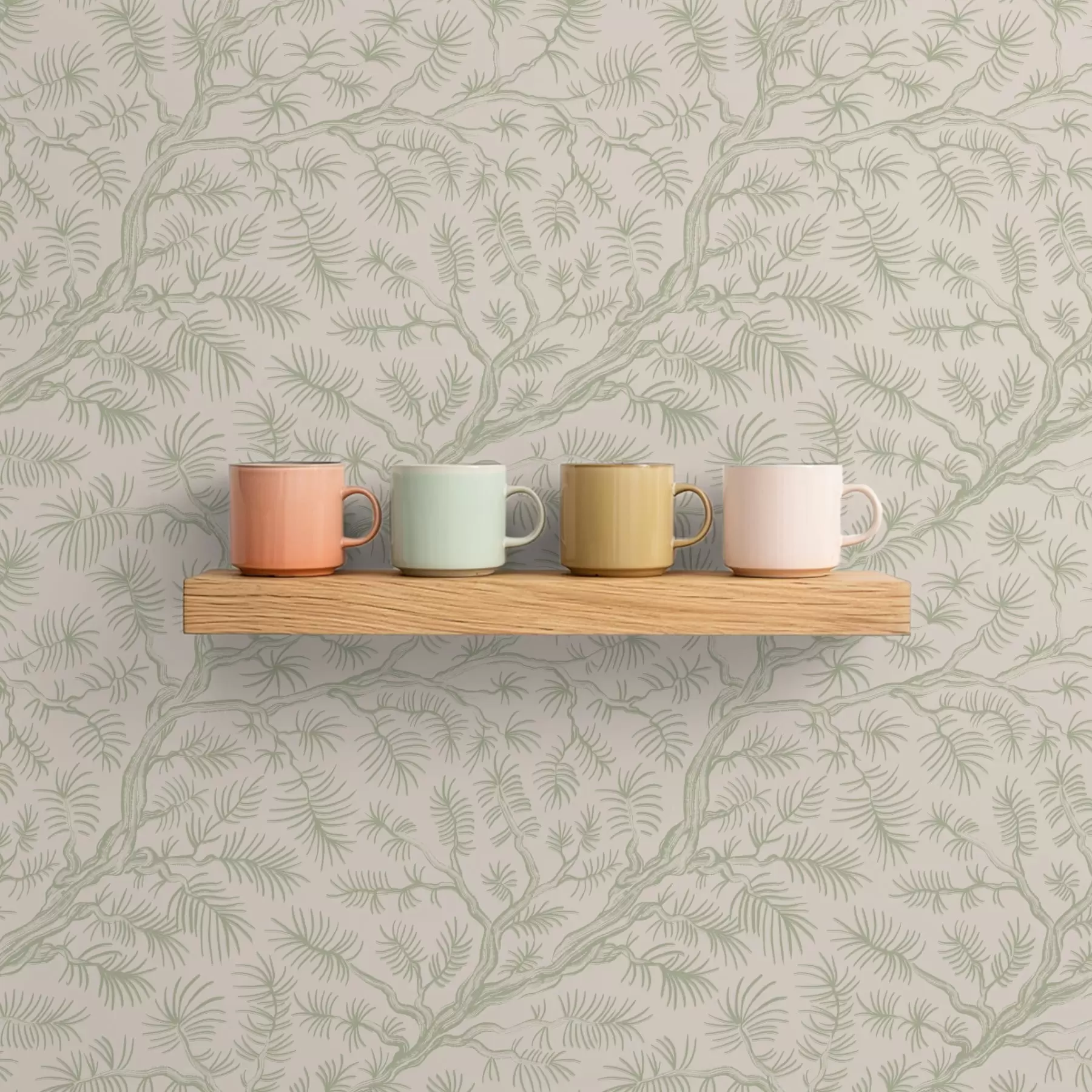 Fototapete Kiefernzweige in hellgrünen Farbtönen auf beigem Hintergrund a00838v1