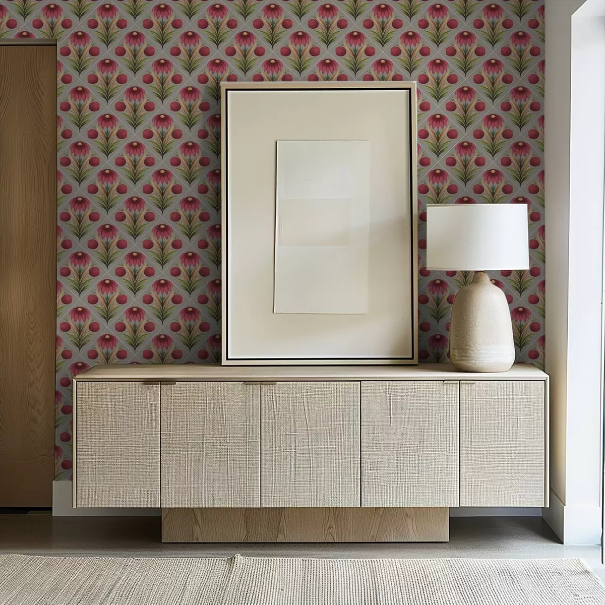 Tapete Symmetrisches Blumenornament auf grauem Hintergrund mit Diagonalen a00869