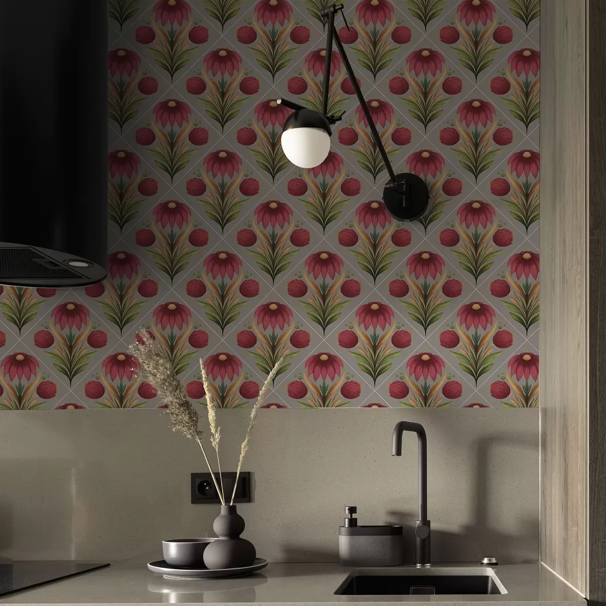 Tapete Symmetrisches Blumenornament auf grauem Hintergrund mit Diagonalen a00869