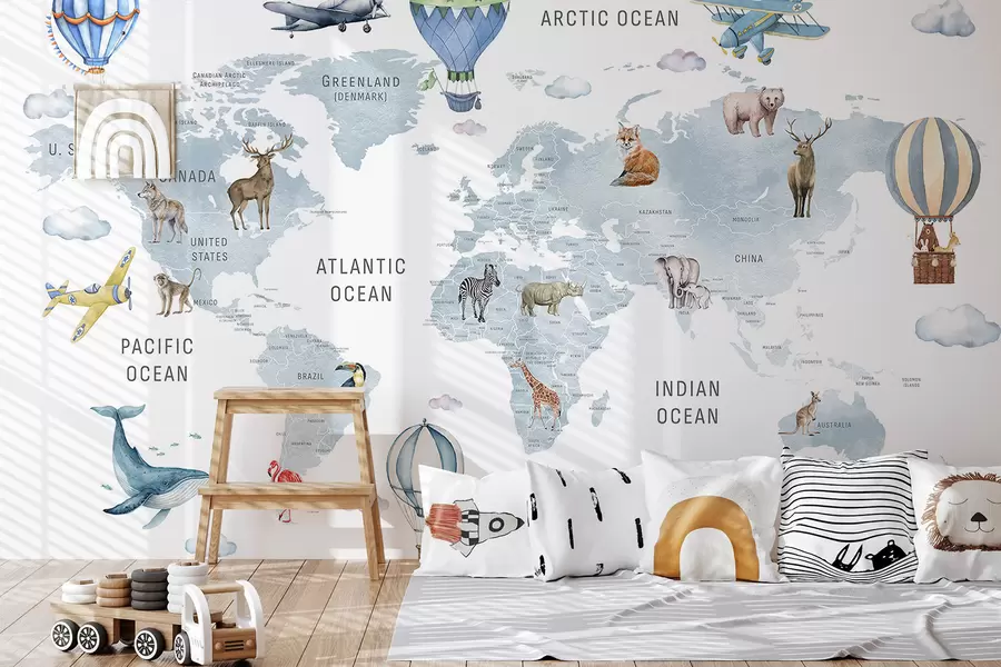 Fototapete Kinderkarte im Aquarellstil mit Tieren und Heißluftballons. Englische Sprache. Blaue Farbe. c00001env1