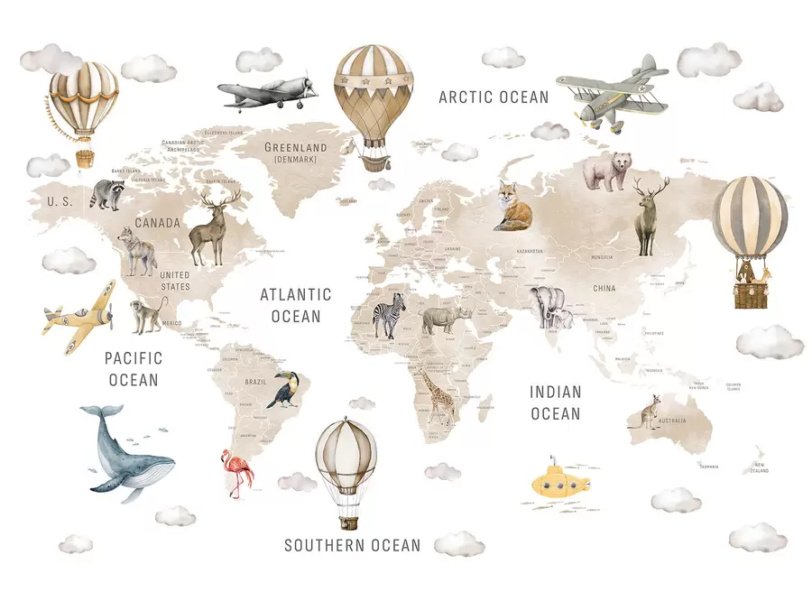 Fototapete Wasserfarben-Karte für Kinder mit Tieren und Heißluftballons. Englische Sprache. Beige Farbe. c00001env2