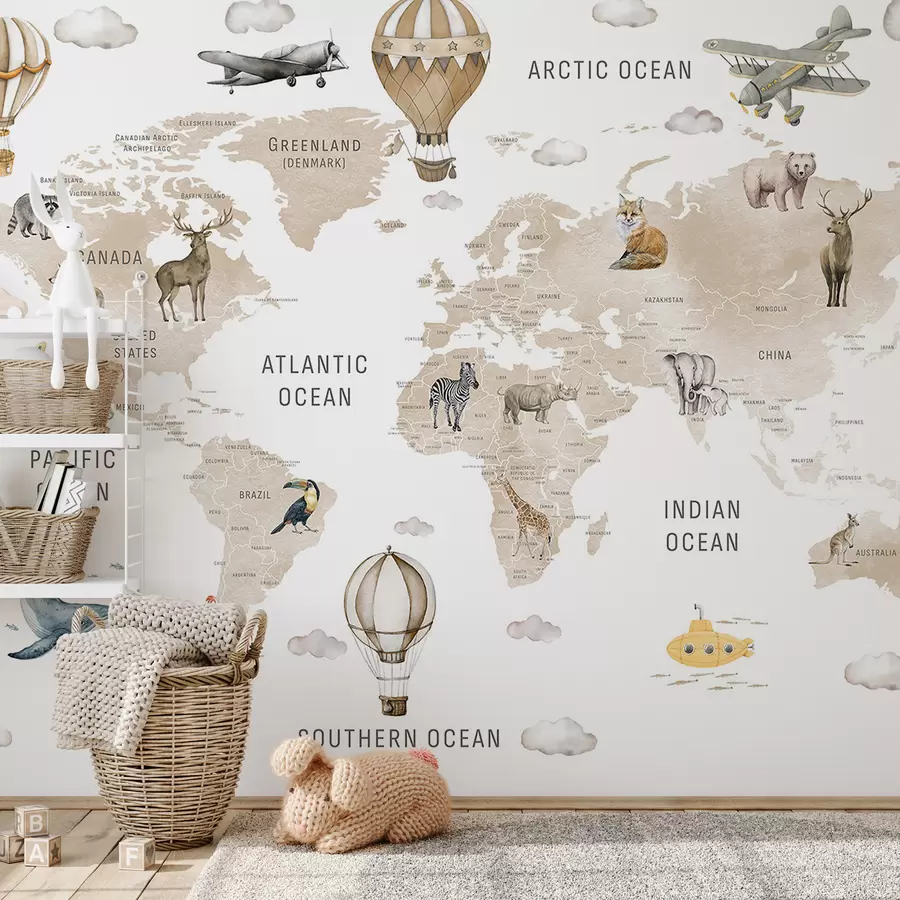 Fototapete Kinderkarte im Aquarellstil mit Tieren und Heißluftballons. Englische Sprache. Beige Farbe c00001env2