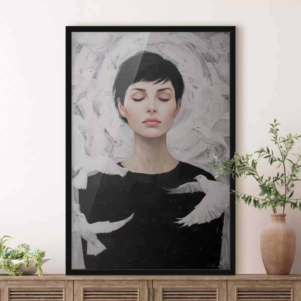 Poster Mädchen mit Vögeln f46368