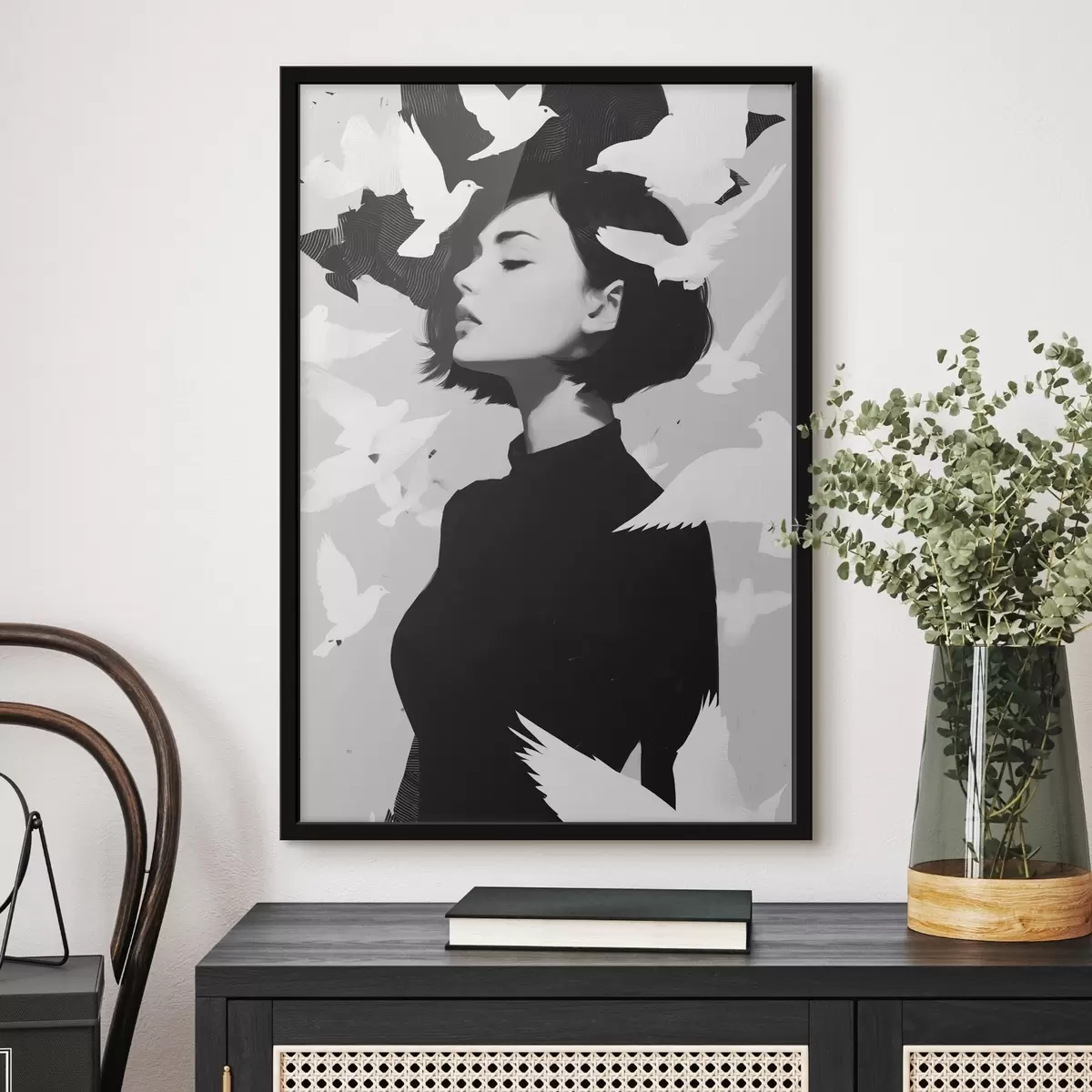 Poster Mädchen mit Vögeln f46369