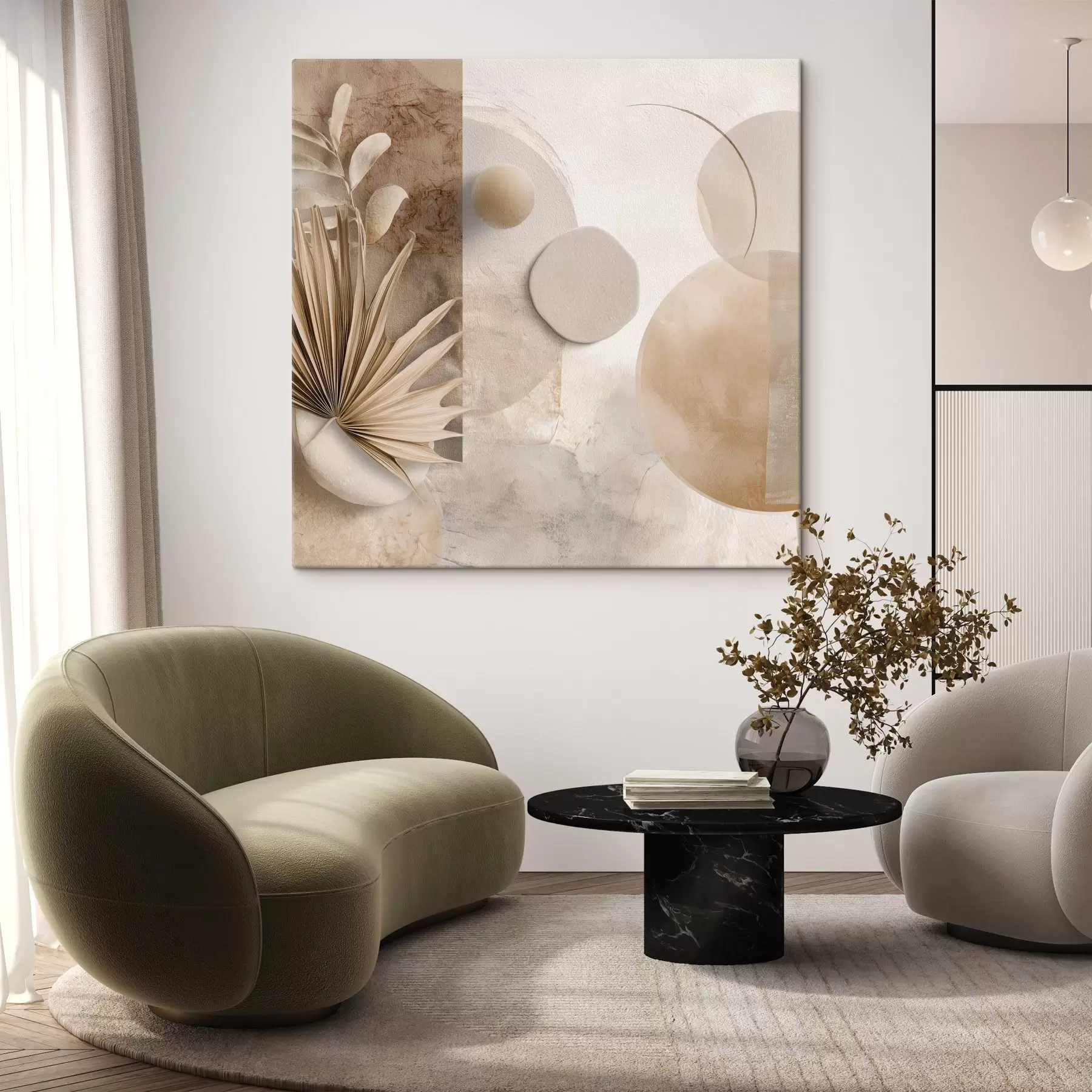 Wandbilder Getrocknete Palmblätter und 3D-Kreise in Beigetönen s46310