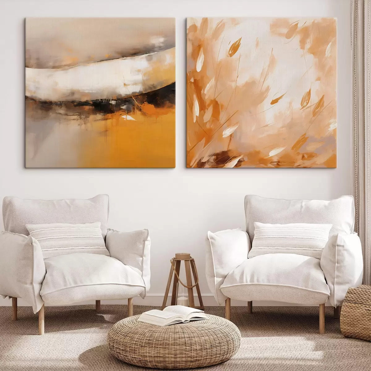 Wandbilder Abstraktes Diptychon im Ölstil mit gelb-orangefarbenen und schwarzen Tönen m00897