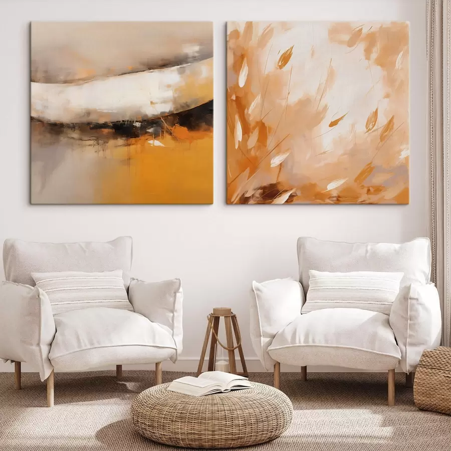 Wandbilder Abstraktes Diptychon im Ölstil mit gelb-orangefarbenen und schwarzen Tönen m00897