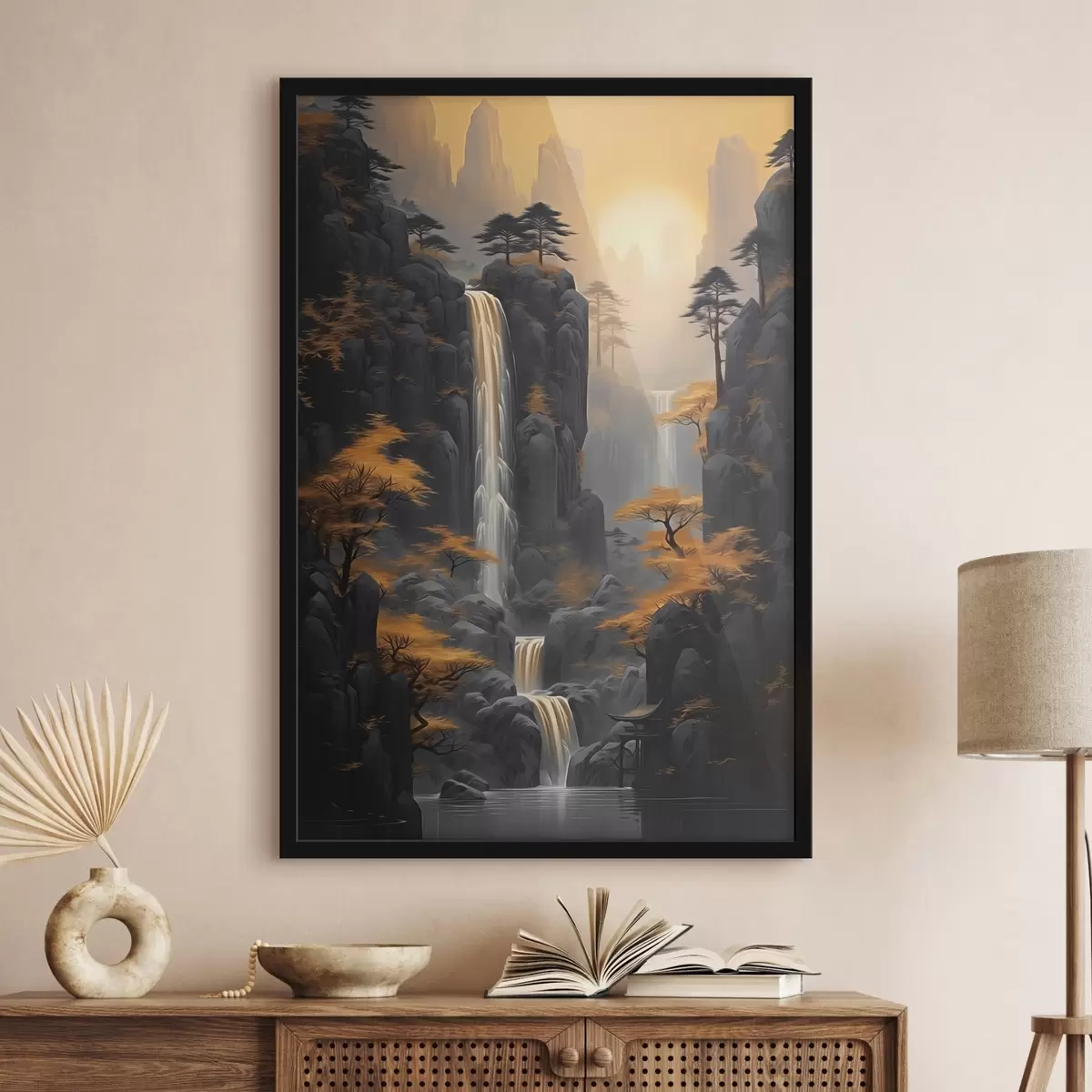 Poster Felsige Landschaft mit einem Wasserfall in warmen Sonnenuntergangsfarben f46177