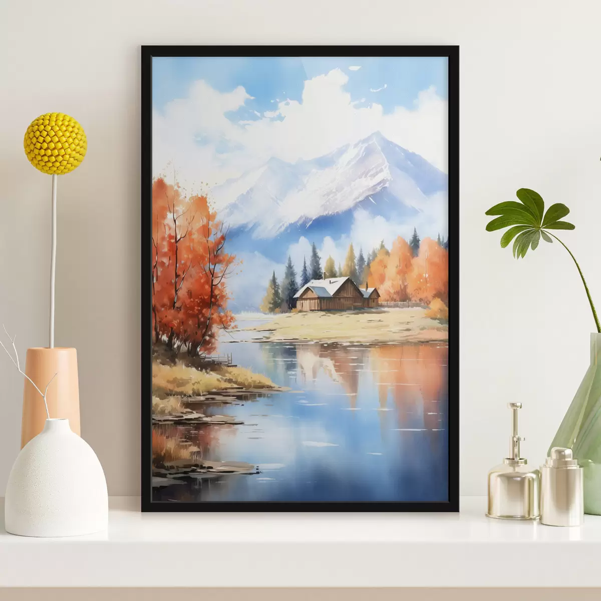 Poster Herbstlandschaft am See mit einem Haus und Bergen f46184