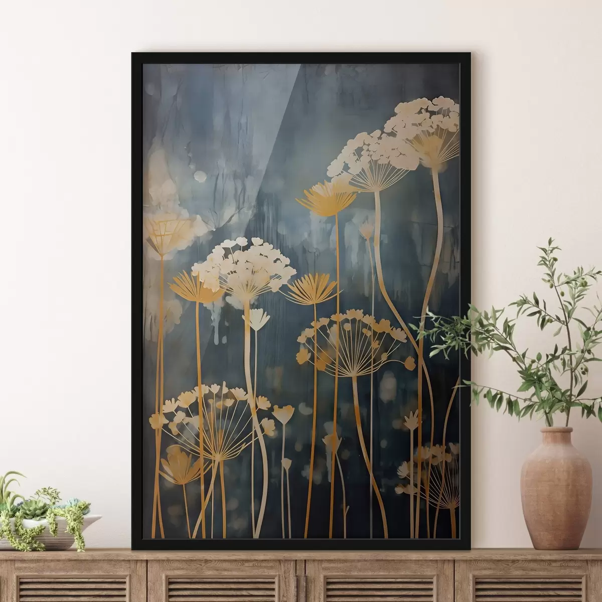 Poster Stilisierte Blumen mit dünnen Stielen auf dunklem Hintergrund f46188