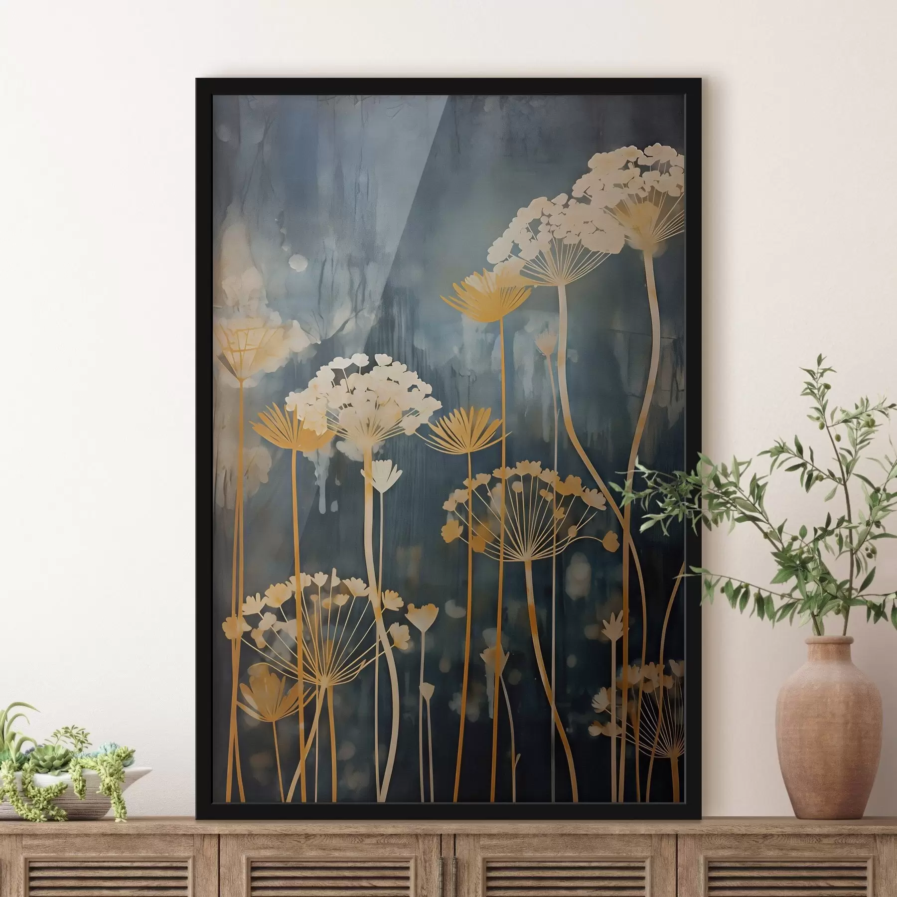 Fototapete Stilisierte Blumen mit dünnen Stielen auf dunklem Hintergrund f46188