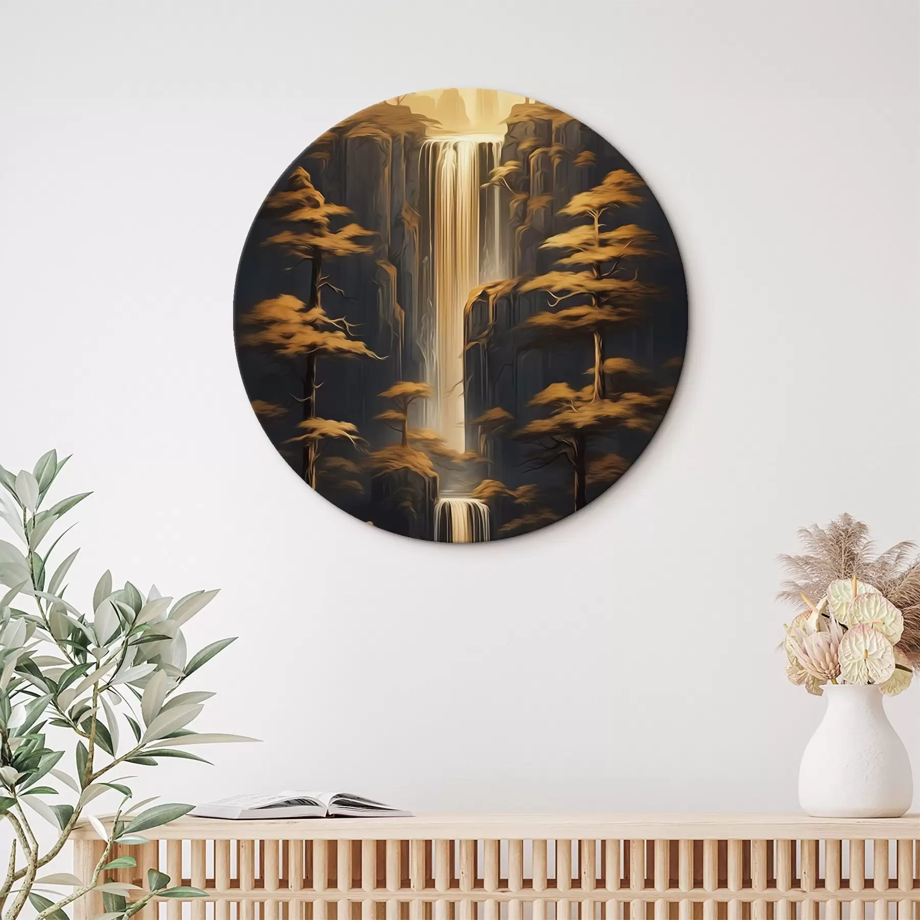 Wandbilder Hohe Klippen mit einem Wasserfall und Kiefern im Abendlicht r46151