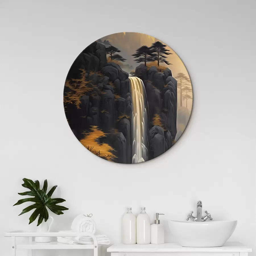 Wandbilder Felsige Landschaft mit einem Wasserfall in warmen Sonnenuntergangsfarben r46177
