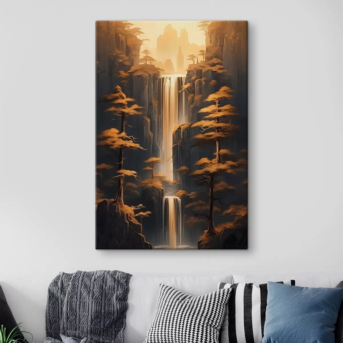 Wandbilder Hohe Klippen mit einem Wasserfall und Kiefern im Abendlicht s46151