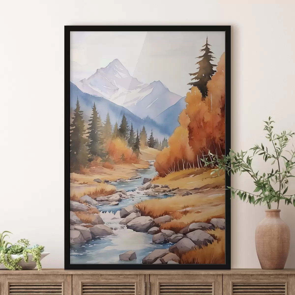 Poster Herbstliche Berglandschaft mit einem Fluss und einem farbenfrohen Wald f46187