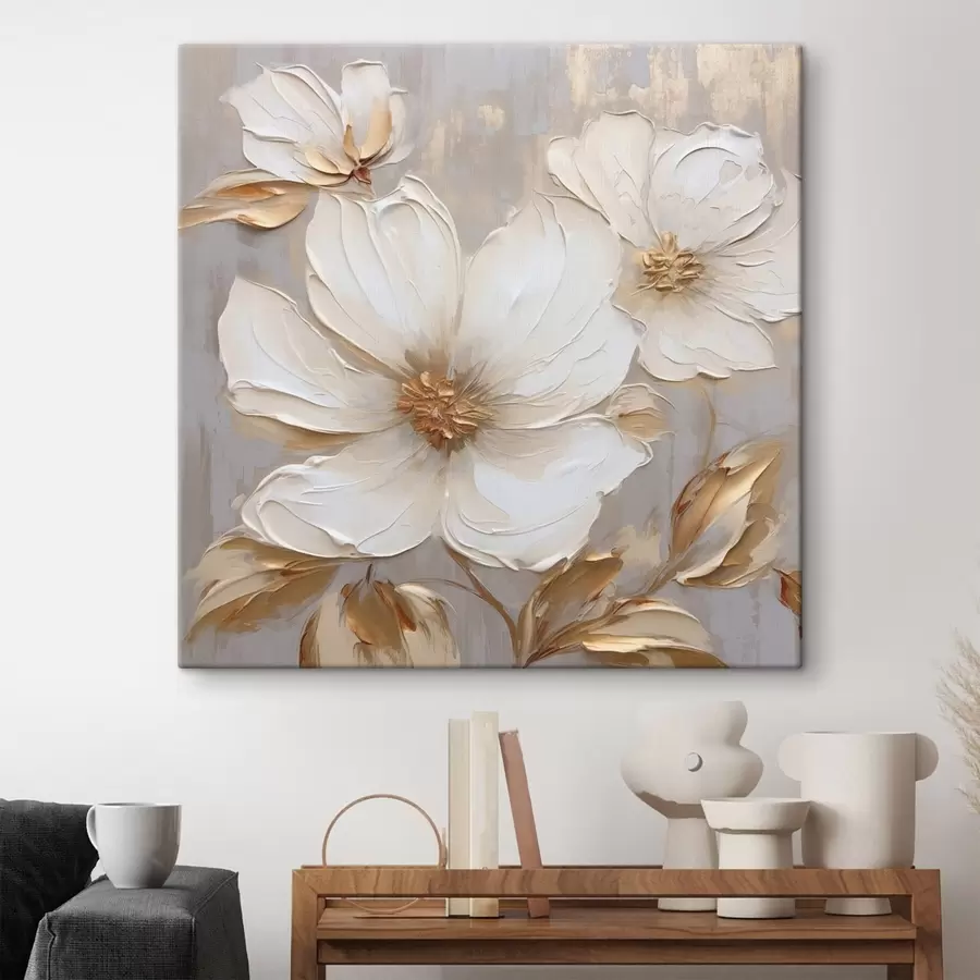 Wandbilder Große strukturierte Blumen mit Pinselstrichen in warmen Farben s46176