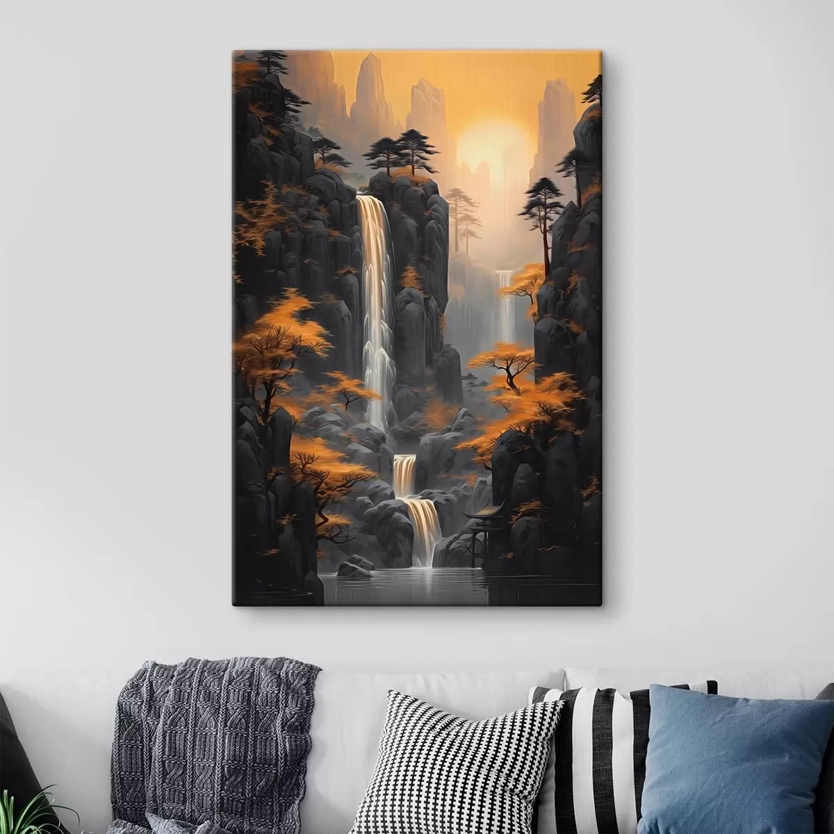 Wandbilder Felsige Landschaft mit einem Wasserfall in warmen Sonnenuntergangsfarben s46177