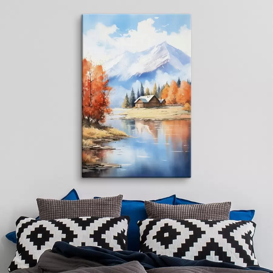 Wandbilder Herbstlandschaft am See mit einem Haus und Bergen s46184