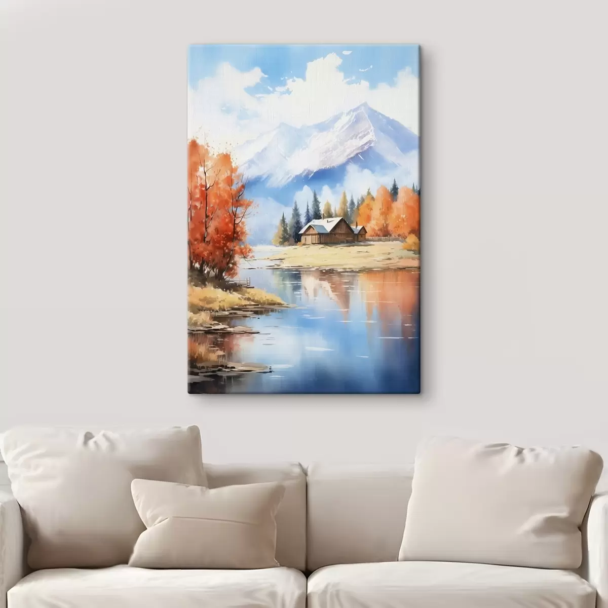 Wandbilder Herbstlandschaft am See mit einem Haus und Bergen s46184