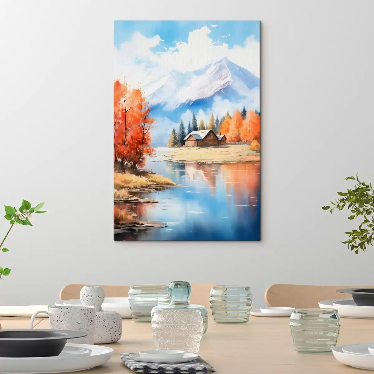 Wandbilder Herbstlandschaft am See mit einem Haus und Bergen s46184