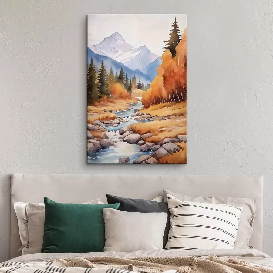 Wandbilder Herbstliche Berglandschaft mit einem Fluss und einem farbenfrohen Wald s46187