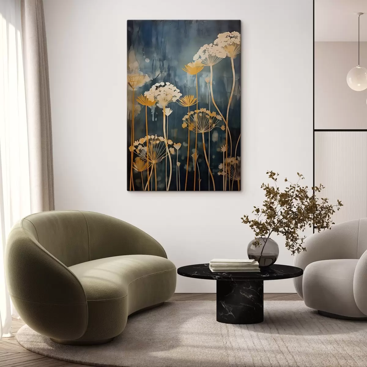 Wandbilder Stilisierte Blumen mit dünnen Stielen auf dunklem Hintergrund s46188