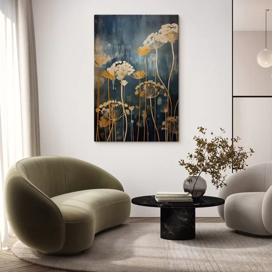 Wandbilder Stilisierte Blumen mit dünnen Stielen auf dunklem Hintergrund s46188