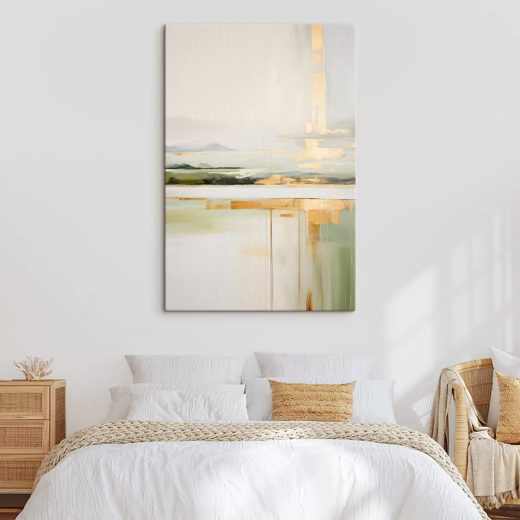 Wandbilder Abstrakte Landschaft mit gelben Akzenten, eine minimalistische Komposition aus Land, Wasser und Himmel, mit gedämpften Farben s46268