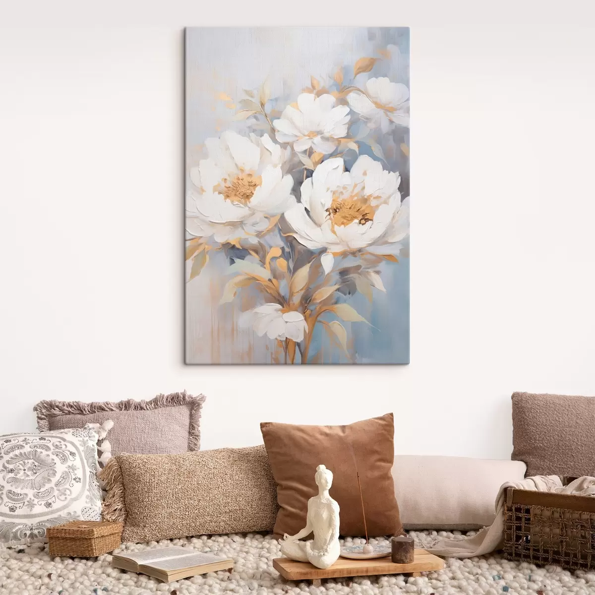 Wandbilder Weiße Pfingstrosen mit gelben Blütenkernen und Blättern, sanfte Pinselstriche, hellblauer Hintergrund, Blumenarrangement s46270