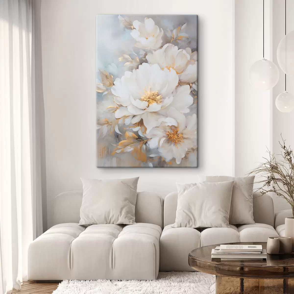 Wandbilder Weiße Pfingstrosen mit gelben Blütenkernen und Blättern, sanfte Pinselstriche, hellblauer Hintergrund, Blumenarrangement s46271