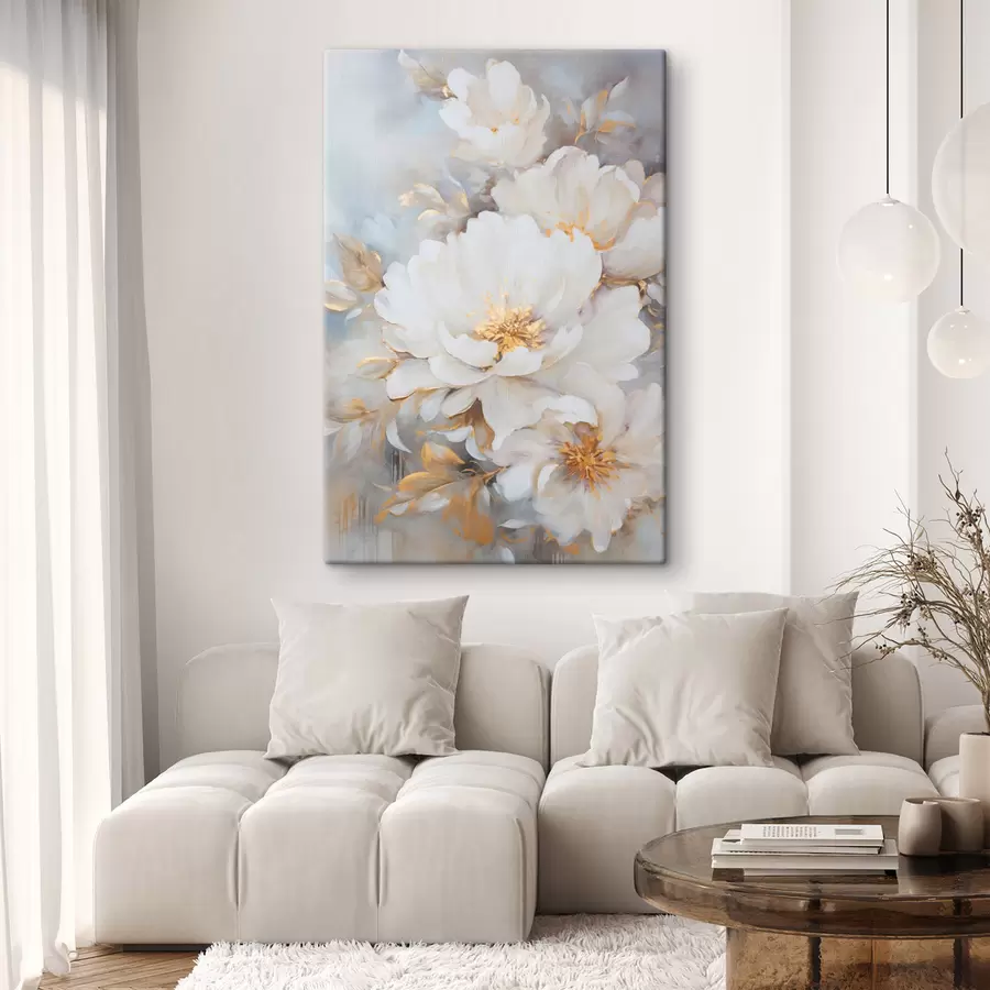 Wandbilder Weiße Pfingstrosen mit gelben Blütenkernen und Blättern, sanfte Pinselstriche, hellblauer Hintergrund, Blumenarrangement s46271