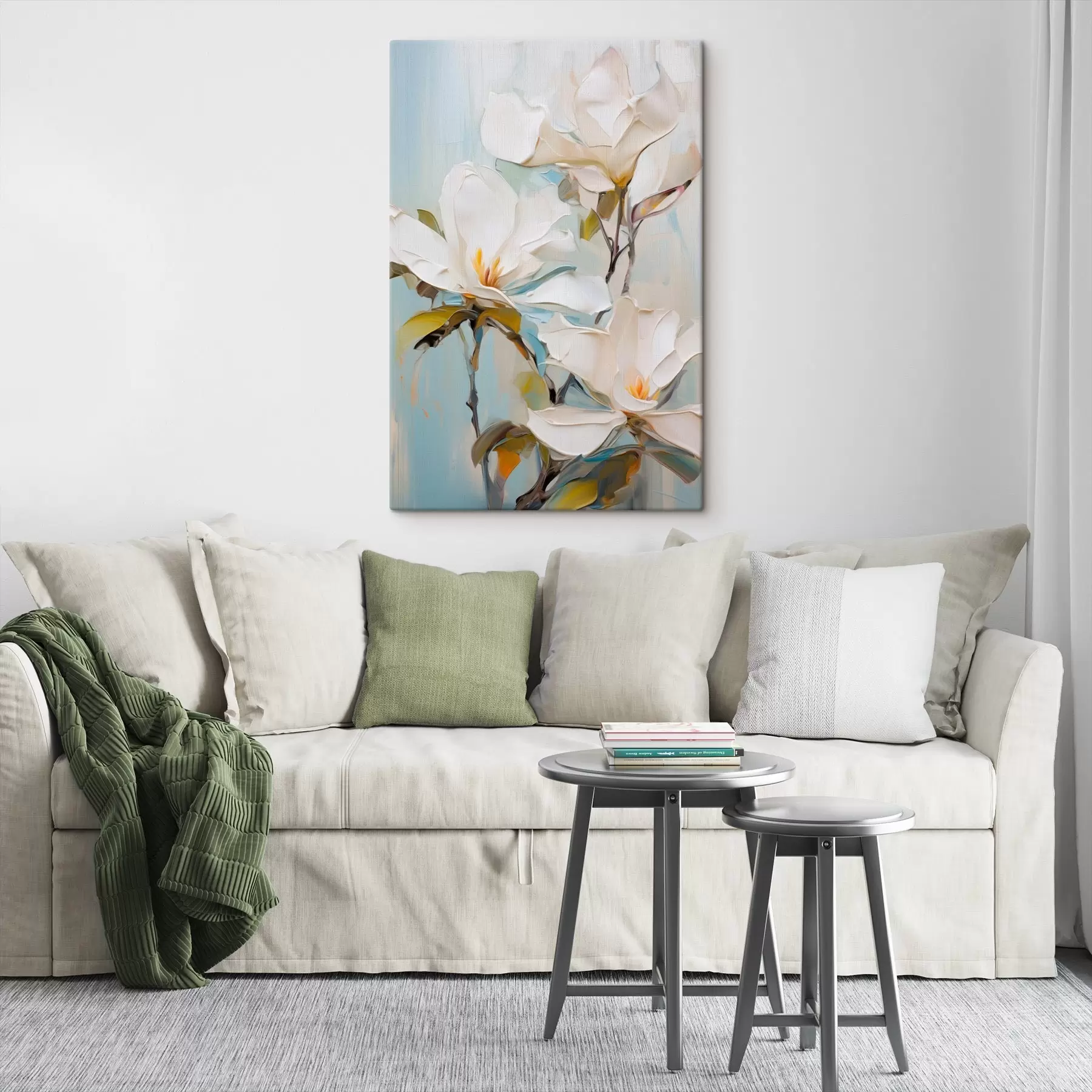 Wandbilder Weiße Magnolienblüten, hellblauer Hintergrund mit sanften Pinselstrichen, Ölgemälde-Stil, pastose Textur s46276