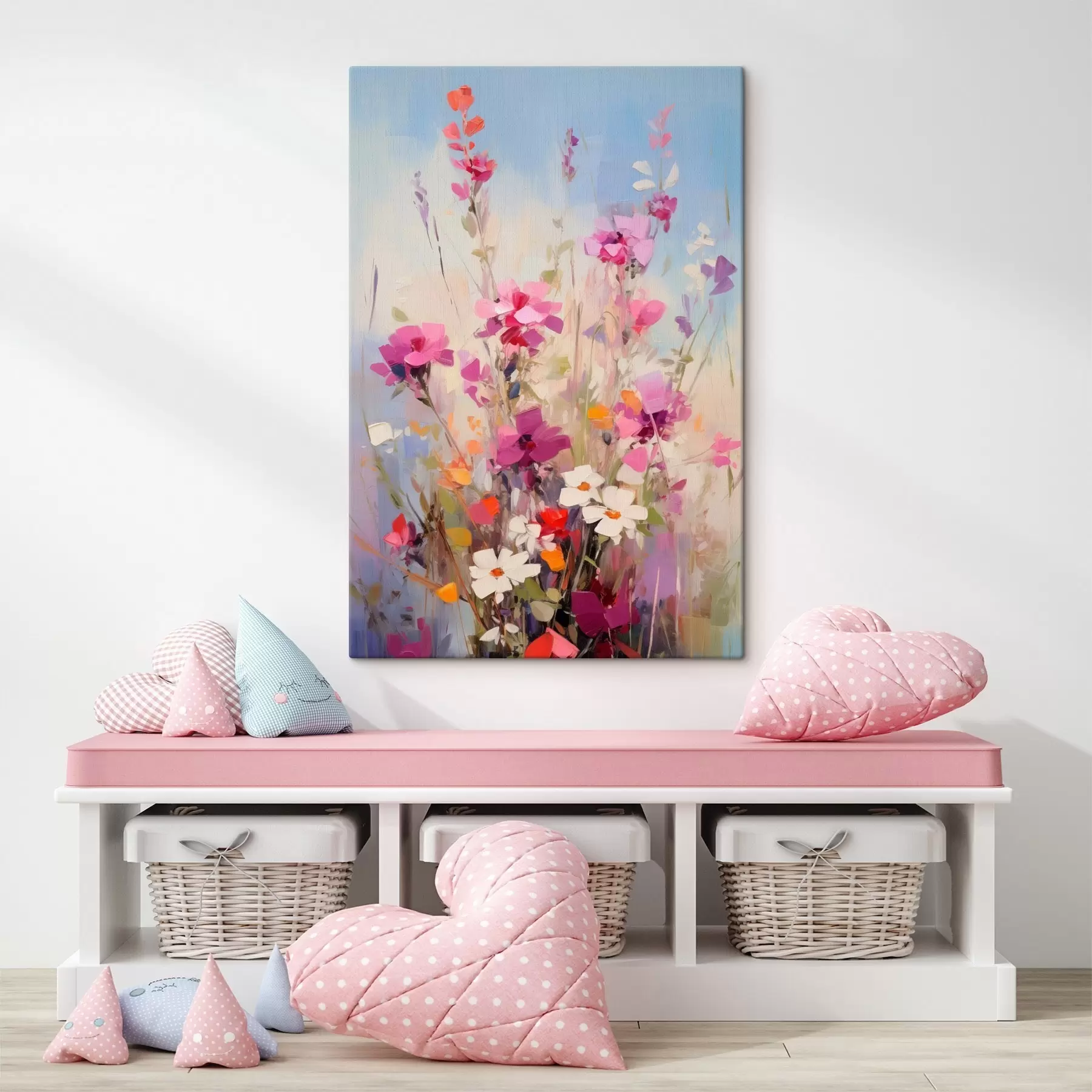 Wandbilder Leuchtend rosa, weiße und grüne Blumen vor einem sanften, pastellfarbenen Hintergrund s46278