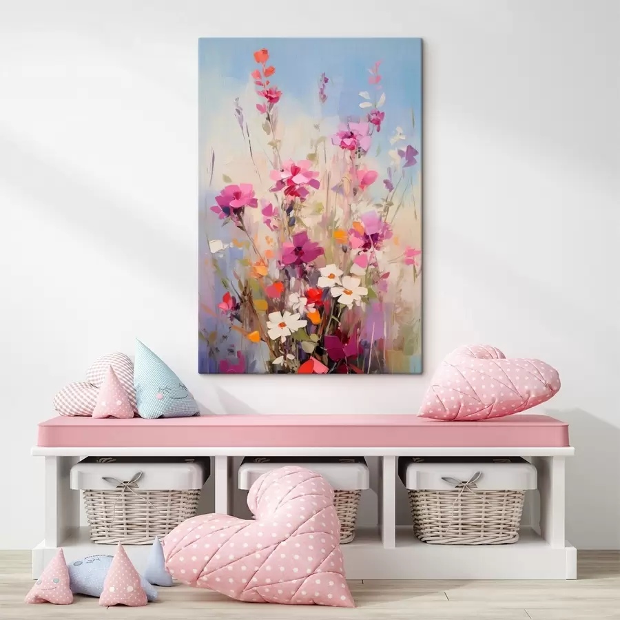 Wandbilder Leuchtend rosa, weiße und grüne Blumen vor einem sanften, pastellfarbenen Hintergrund s46278