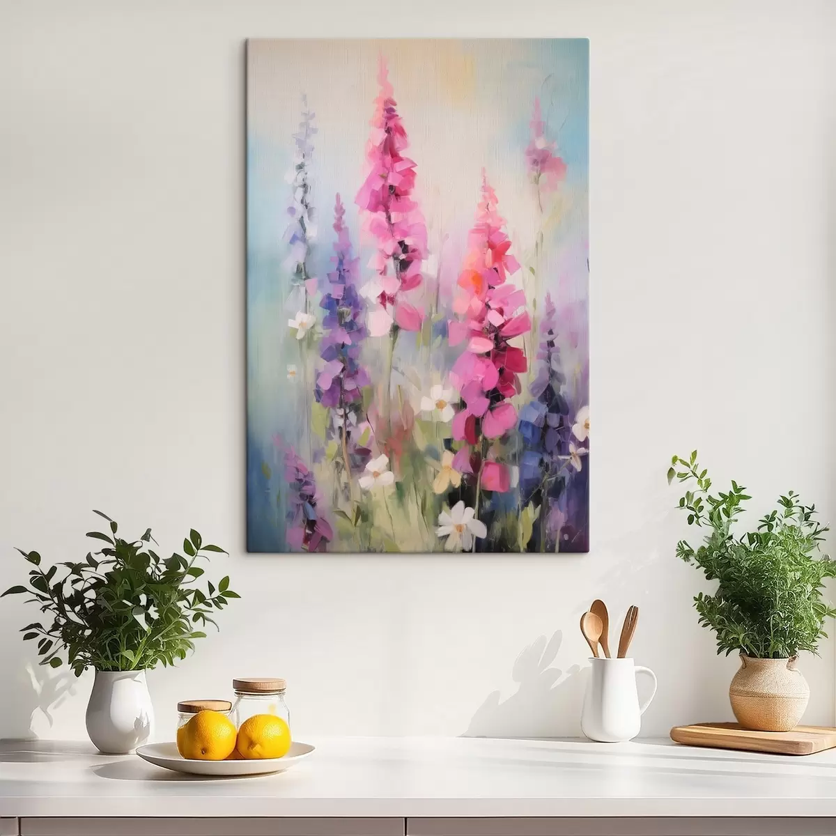 Wandbilder Rosa und violette Blumen mit weißen Gänseblümchen auf einer Wiese, sanfte Pinselstriche, Pastellfarben, impressionistischer Stil s46279
