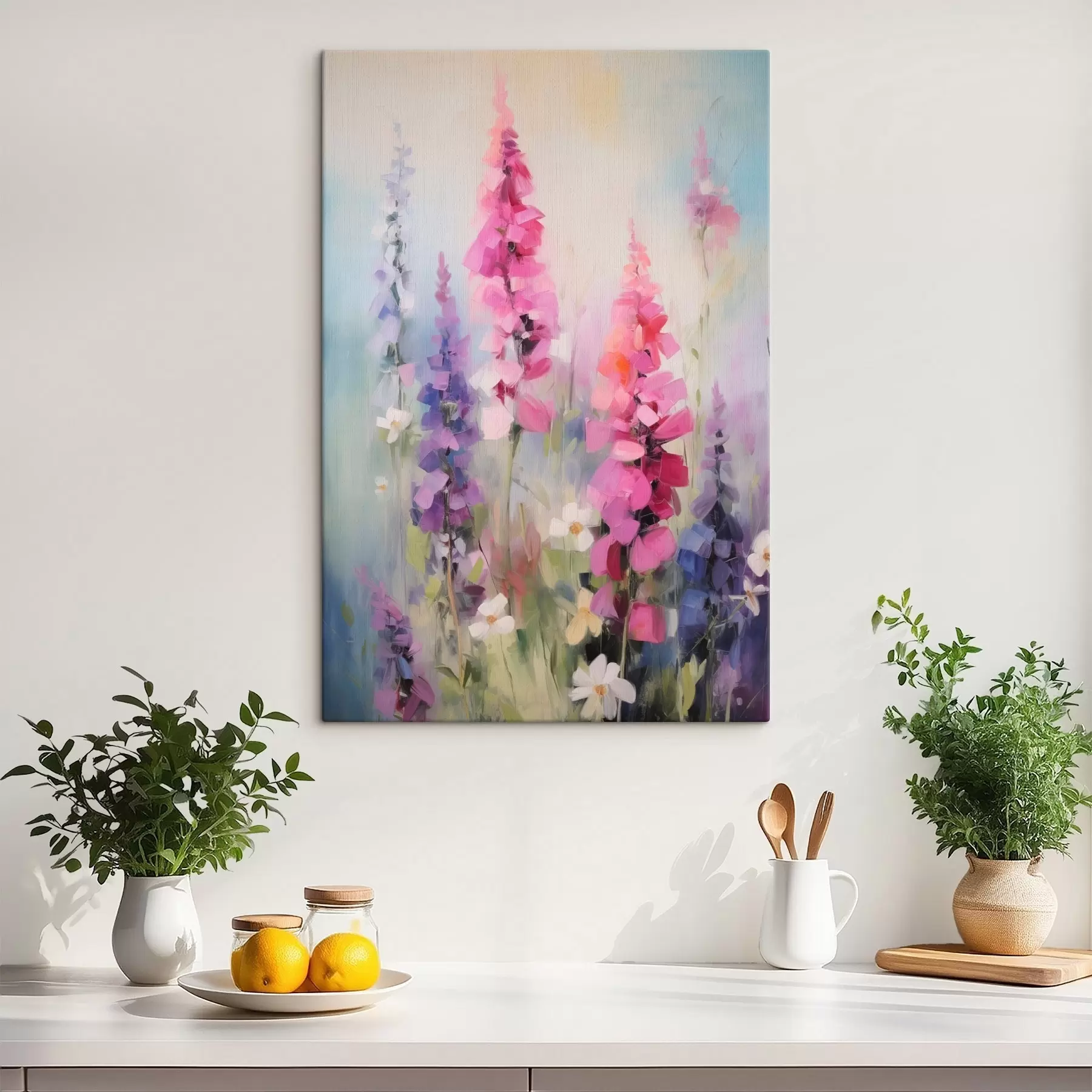 Wandbilder Rosa und violette Blumen mit weißen Gänseblümchen auf einer Wiese, sanfte Pinselstriche, Pastellfarben, impressionistischer Stil s46279