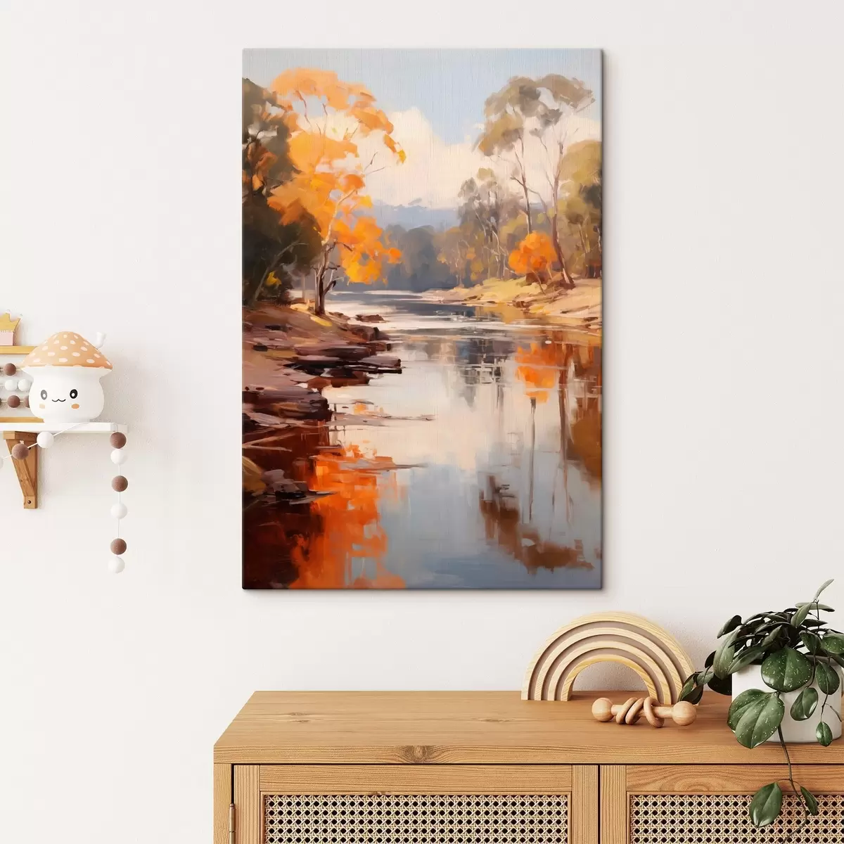 Wandbilder Herbstlandschaft, Fluss mit Bäumen am Ufer, Wald im Hintergrund, Spiegelungen auf dem Wasser s46280