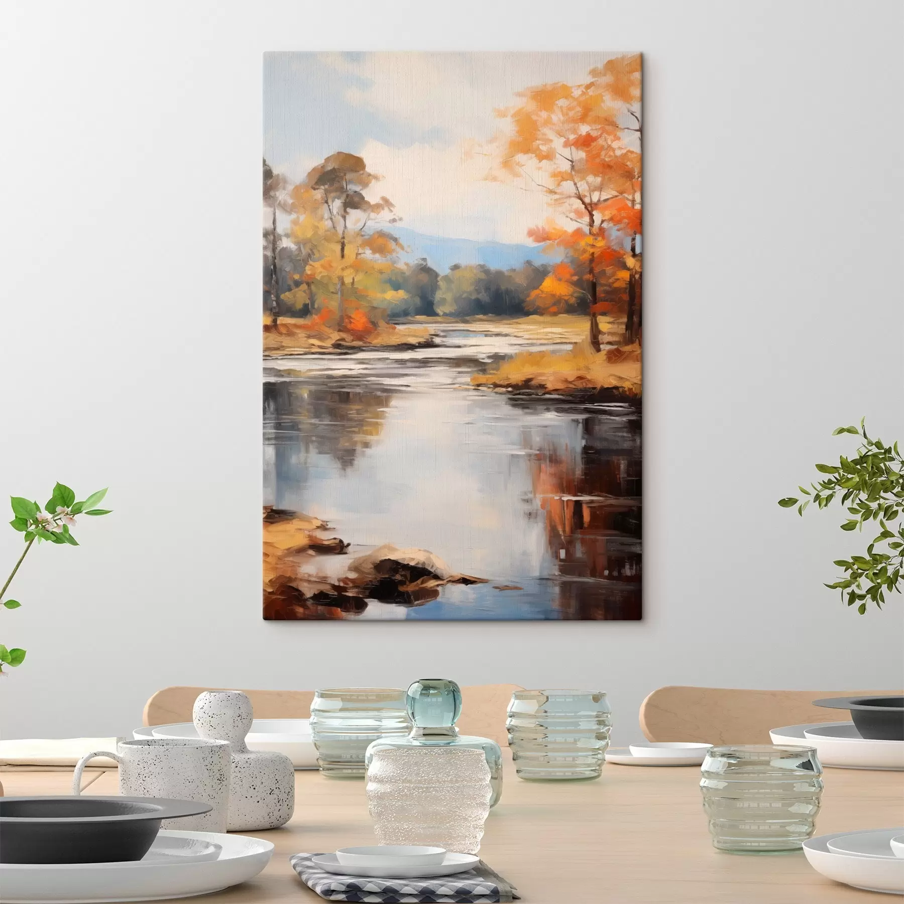 Wandbilder Landschaft mit einem Fluss, der durch einen Wald im Herbst fließt, gelbe und orangefarbene Bäume, Malstil s46281