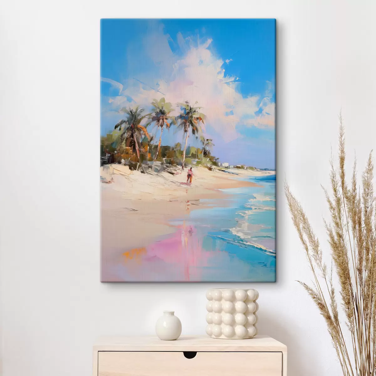 Wandbilder Abstrakte Landschaft, ein Strand mit Palmen, strahlender Sonnenschein mit blauem Himmel und einigen Wolken s46284