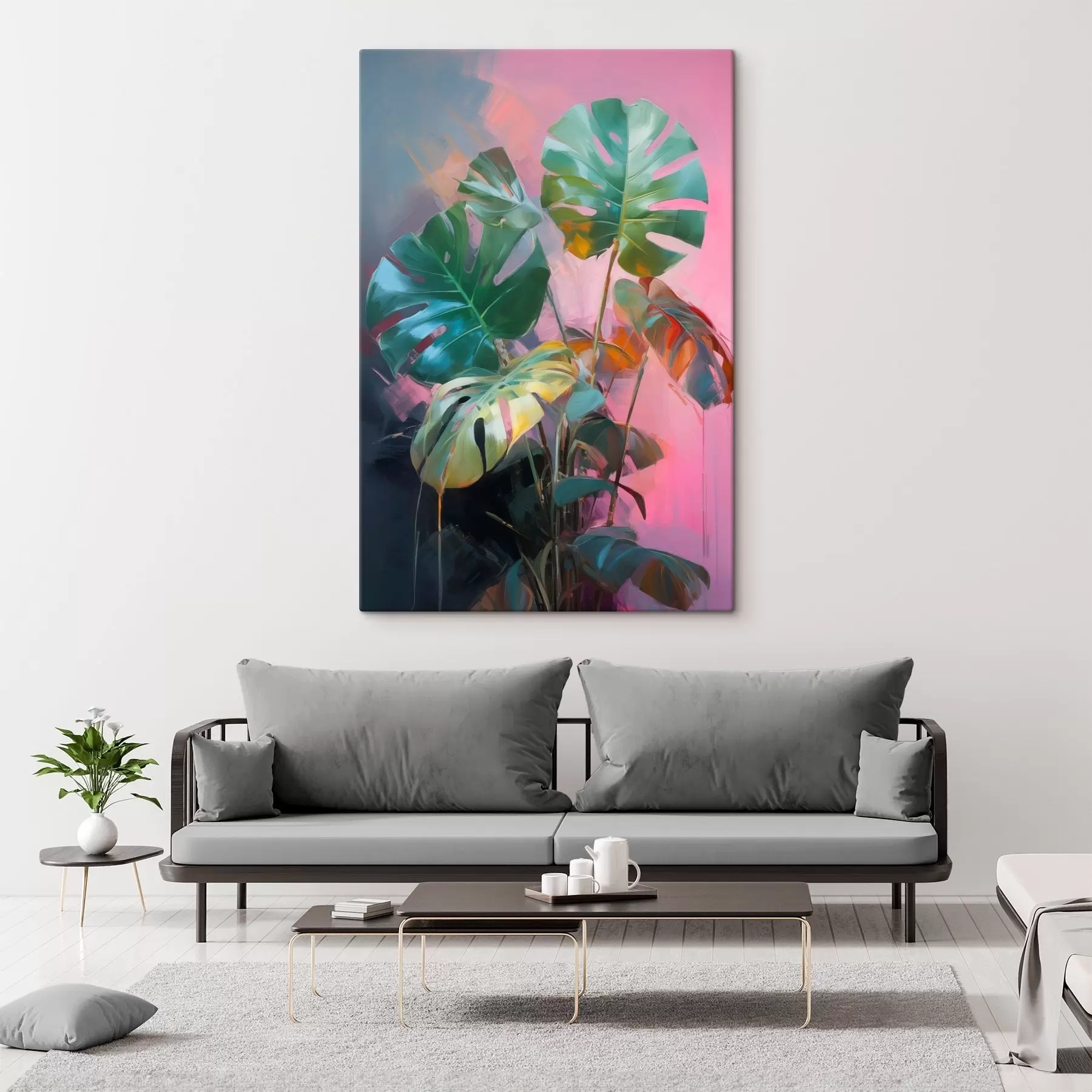 Wandbilder Abstrakte Monstera-Pflanze mit leuchtend grünen Blättern vor einem Hintergrund aus zarten Rosa- und Violetttönen s46286