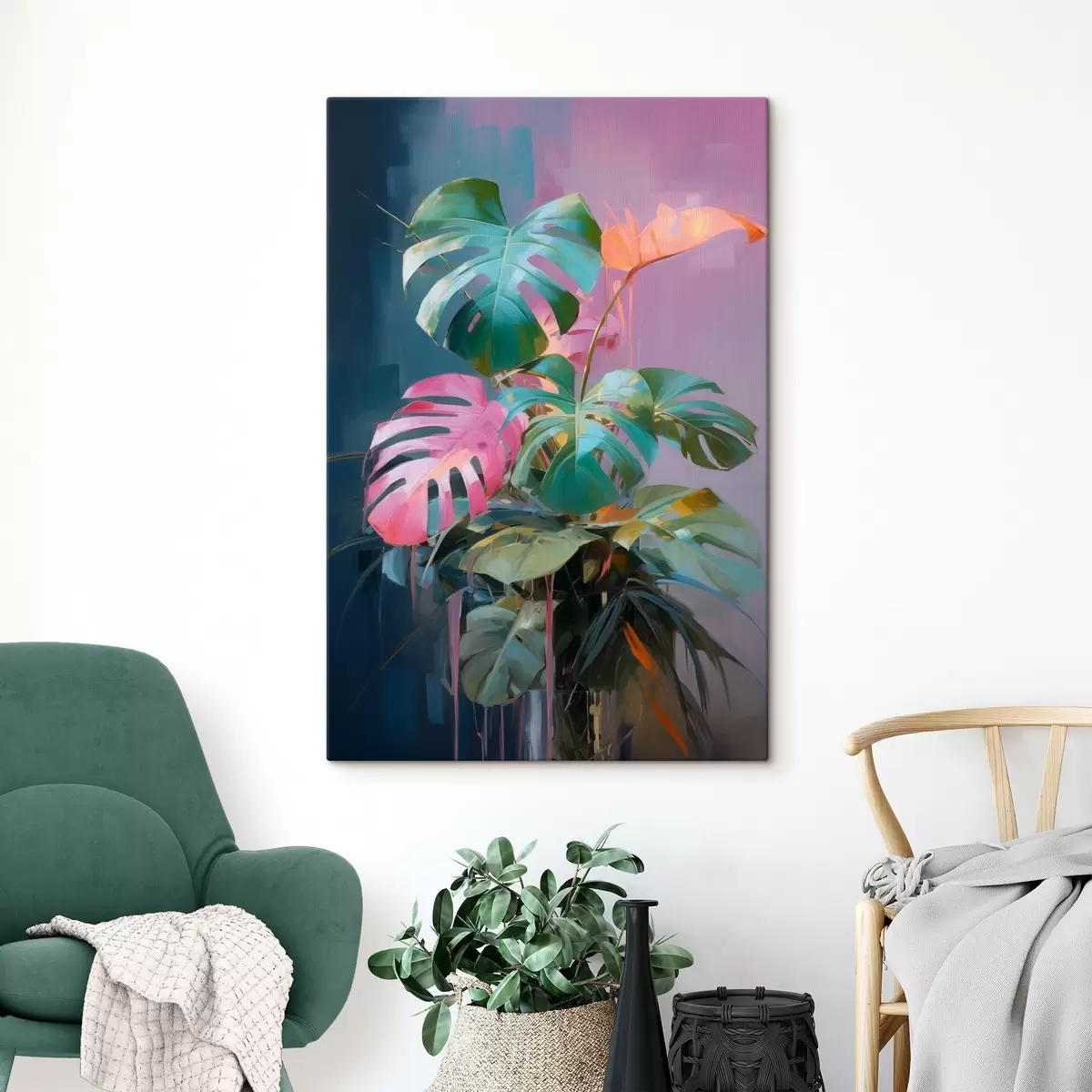 Wandbilder Abstrakte Monstera-Pflanze mit rosa und grünen Blättern, leuchtenden Farben, vor einem unscharfen Hintergrund s46287
