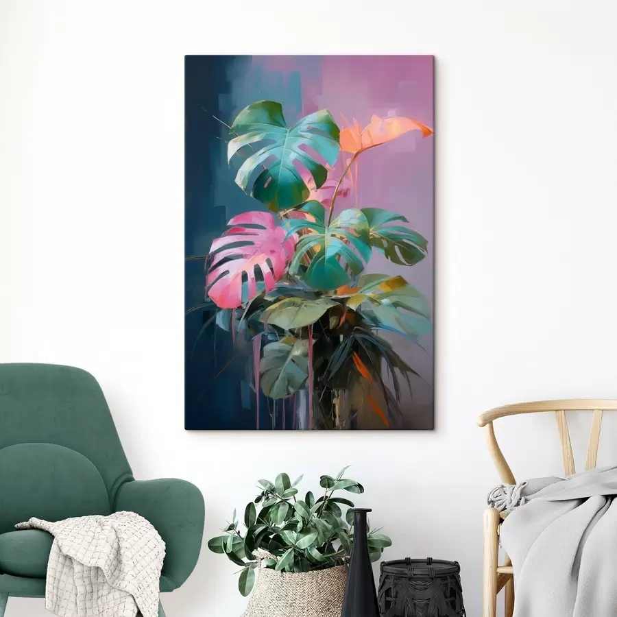 Wandbilder Abstrakte Monstera-Pflanze mit rosa und grünen Blättern, leuchtenden Farben, vor einem unscharfen Hintergrund s46287