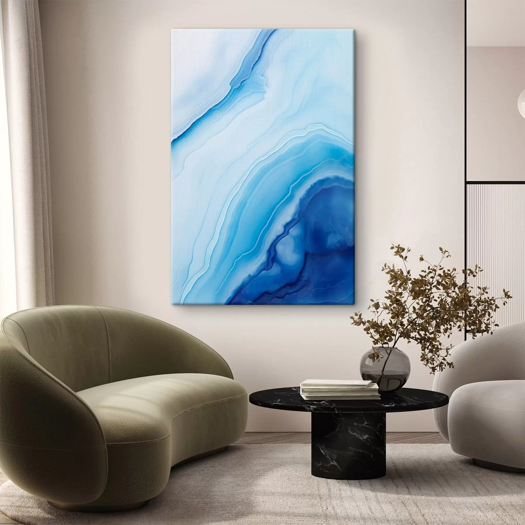 Wandbilder Abstrakter blau-weißer Achatdruck, wirbelnde Linien und Farbverläufe, glatte Textur, moderne Kunst, minimalistisch s46290