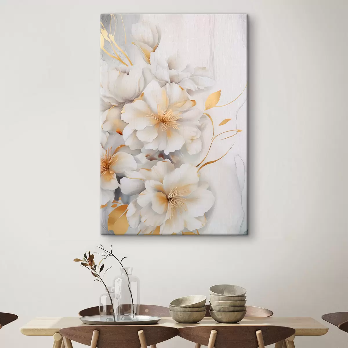 Wandbilder Weiße Blüten mit gelben Details, Blütenblätter mit dezenten Schatten, heller Hintergrund mit dezentem Marmoreffekt s46292