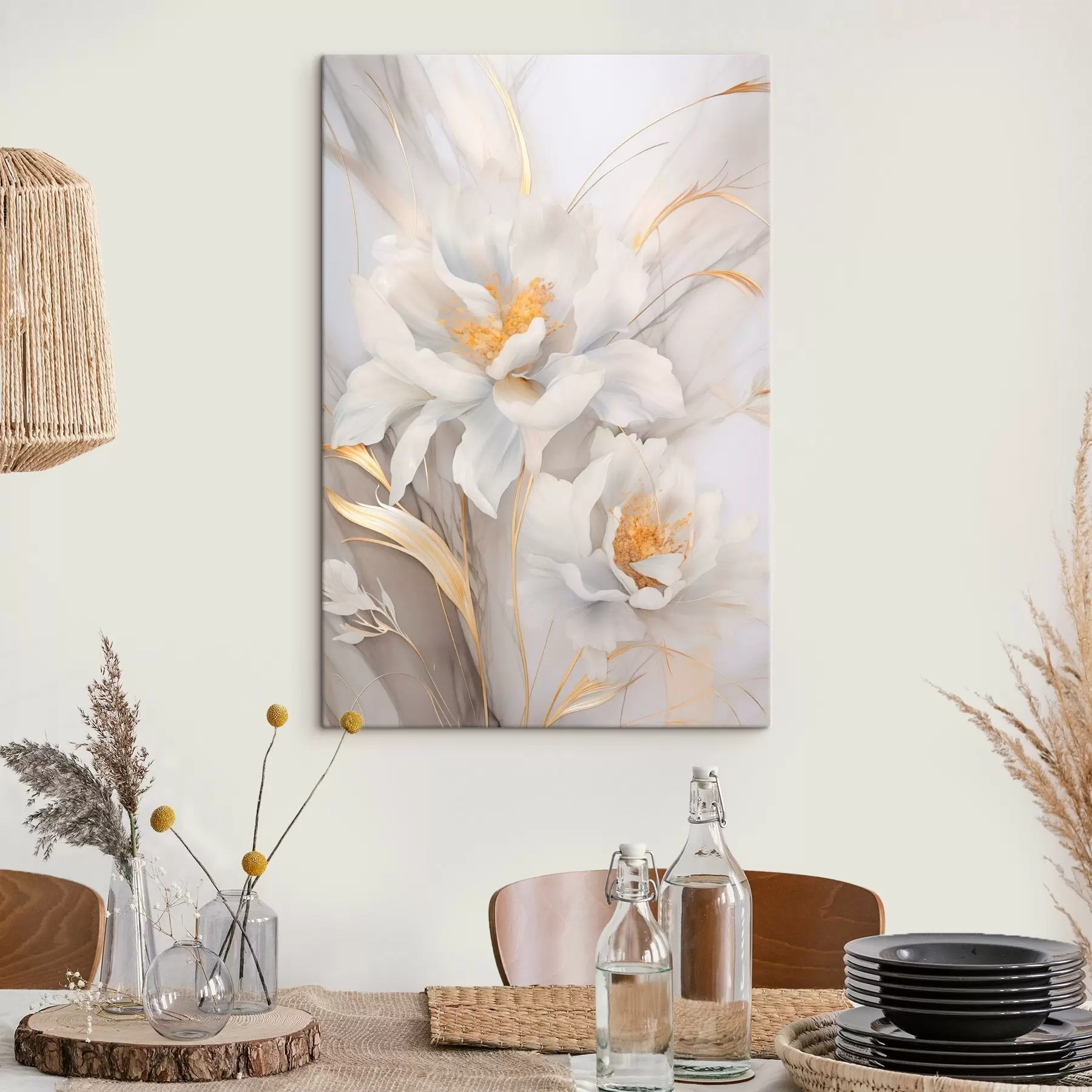 Wandbilder Weiße Blüten mit gelben Stempeln und Stielen, zarte Blütenblätter, elegante Komposition, neutraler Hintergrund s46293