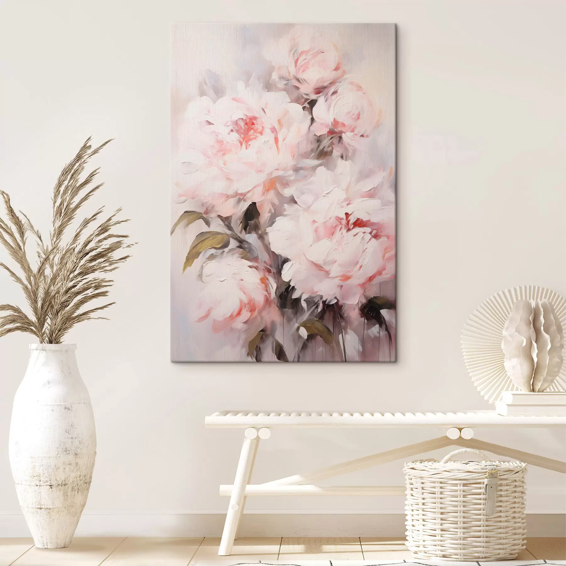 Wandbilder Ein Strauß hellrosa Pfingstrosen mit grünen Blättern, sanfte Pinselstriche, Pastellfarben, auf hellem Hintergrund s46294