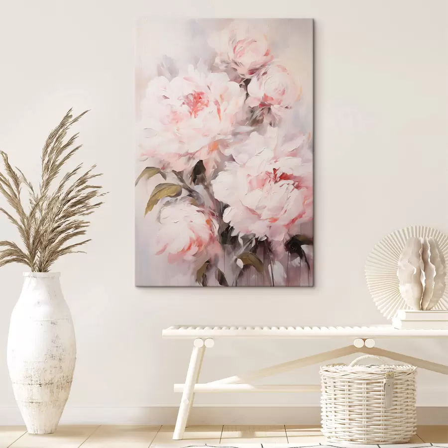 Wandbilder Ein Strauß hellrosa Pfingstrosen mit grünen Blättern, sanfte Pinselstriche, Pastellfarben, auf hellem Hintergrund s46294