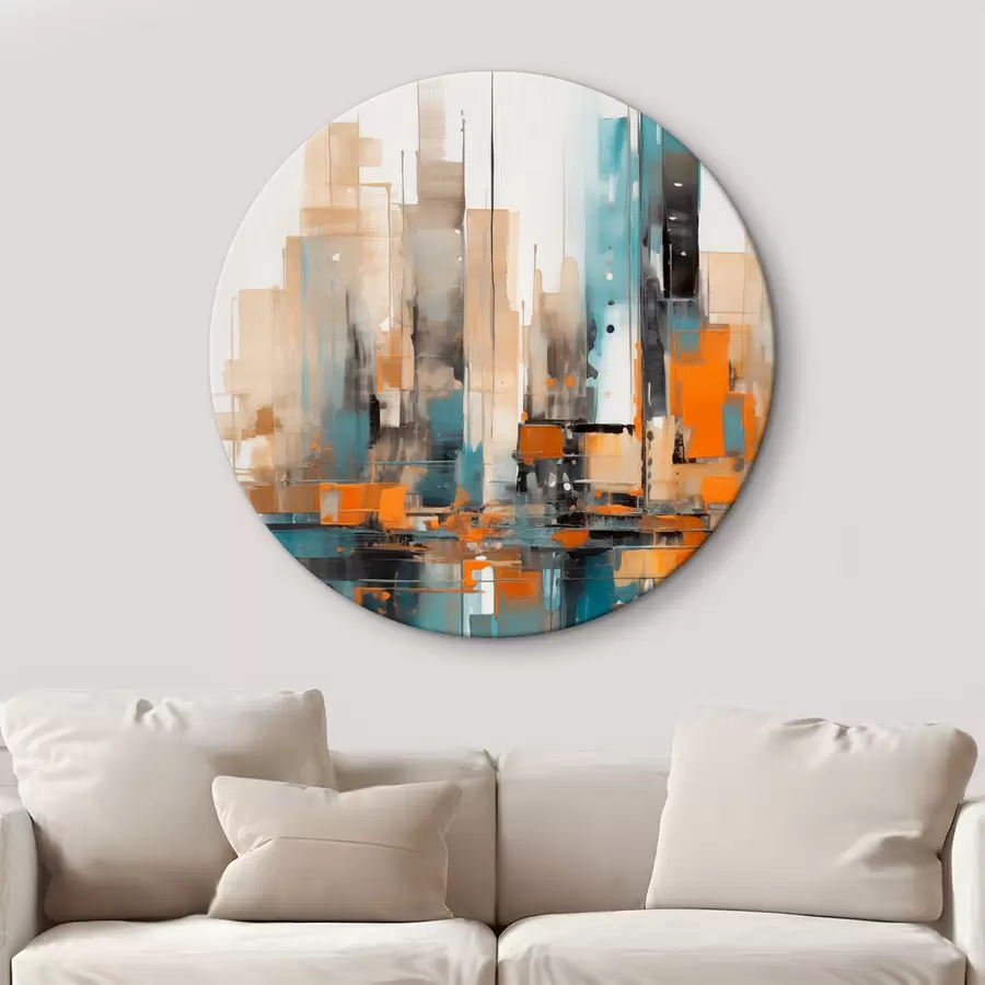 Wandbilder Abstrakte Stadtlandschaft mit orangefarbenen, blaugrünen und braunen vertikalen Pinselstrichen und geometrischen Formen r46266