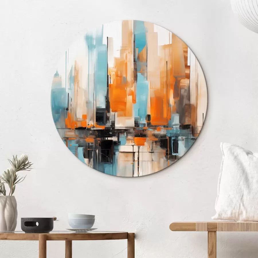 Wandbilder Abstrakte Stadtlandschaft mit vertikalen Pinselstrichen in Orange-, Blau- und Weißtönen, Malstil r46267