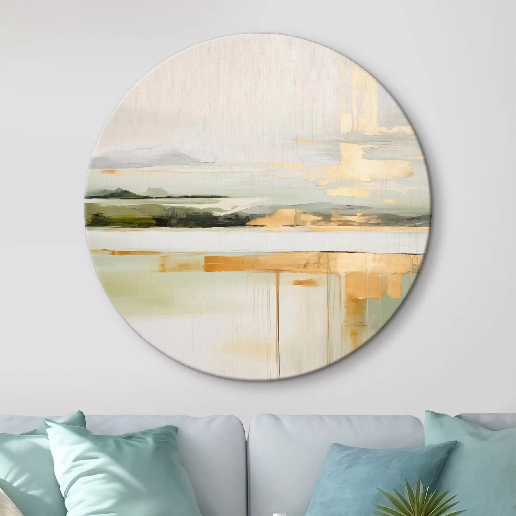 Wandbilder Abstrakte Landschaft mit gelben Akzenten, eine minimalistische Komposition aus Land, Wasser und Himmel, mit gedämpften Farben r46268